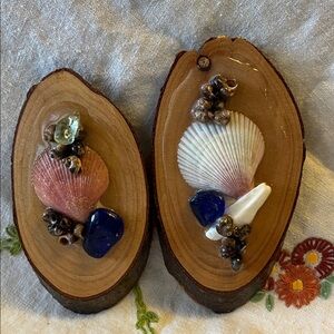 Set of 2 wood slabs with beach combing finds